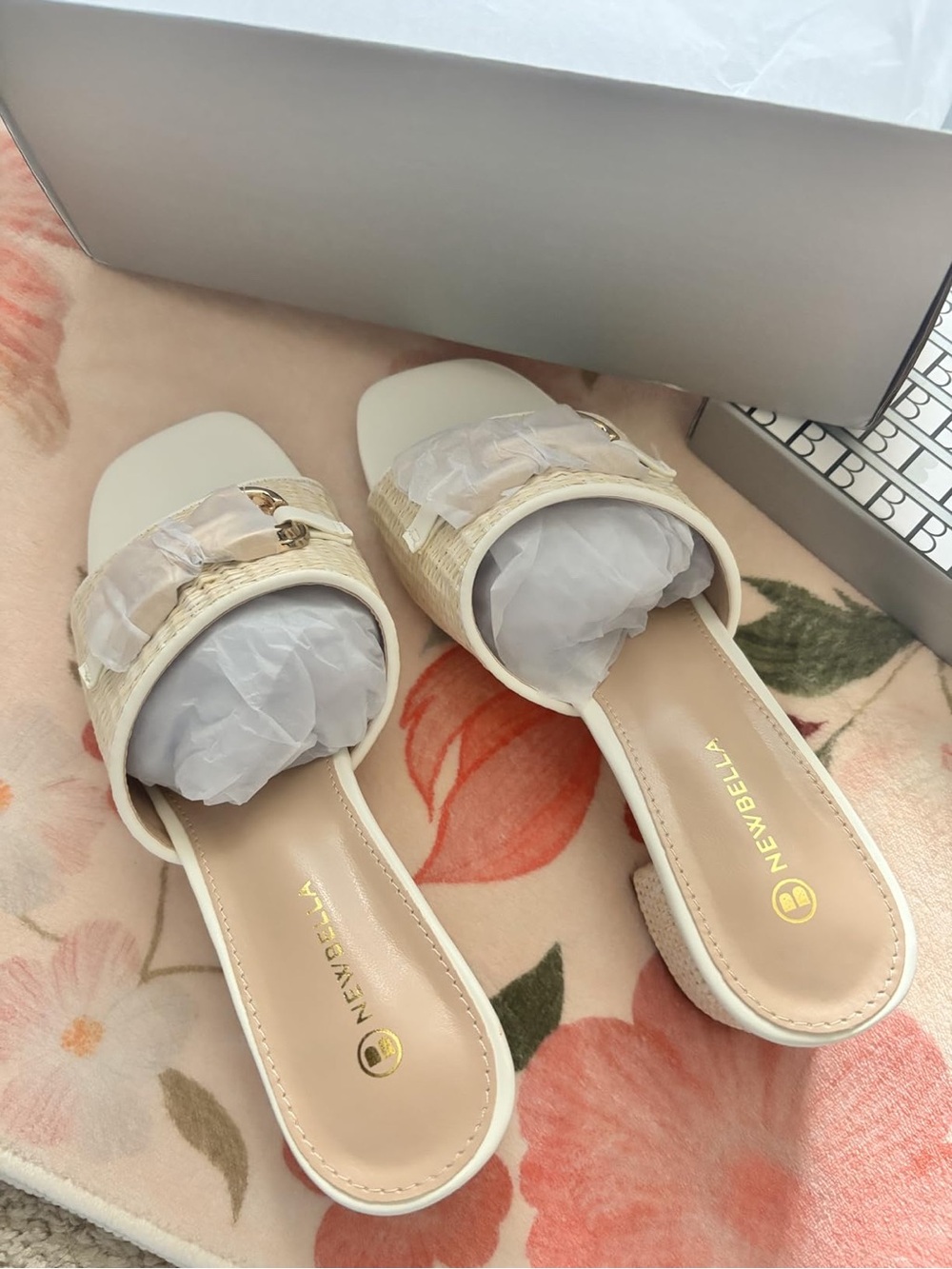 NEWBELLA White Woven Slide Mules with Gold Buckle Detail